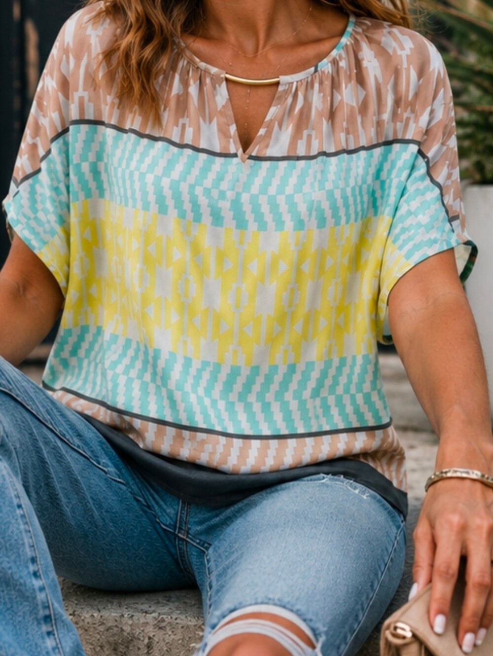 Black Rainn Geometric Boho Blouse Women’s L Mint Yellow Taupe Dolman Top